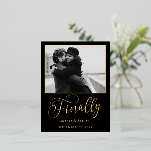 最後にミニマル結婚リストの写真日付を保存 箔招待状ポストカード (立ち正面)