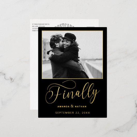 最後にミニマル結婚リストの写真日付を保存 箔招待状ポストカード (正面/裏面)