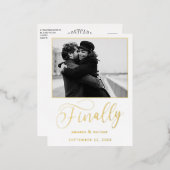 最後にミニマル結婚リストの写真日付を保存 箔招待状ポストカード (正面/裏面)