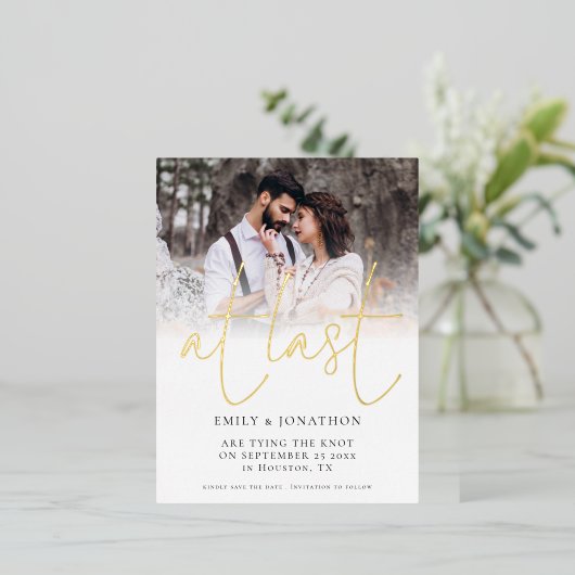 最後に写真の結婚式で日付フォイルはがきを保存 箔シーズンポストカード (立ち正面)