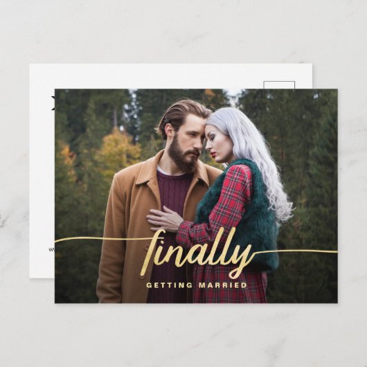 最後に金ゴールドスおもしろいクリプト結婚式の日付の保存 案内ポストカード (正面/裏面)