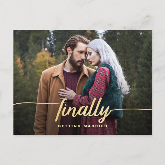 最後に金ゴールドスおもしろいクリプト結婚式の日付の保存 案内ポストカード (正面)