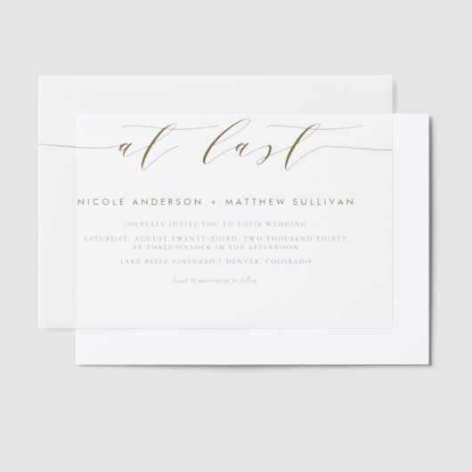 最後に金ゴールドミニマリスト結婚スクリプト ベラム紙招待状 (オフセット)