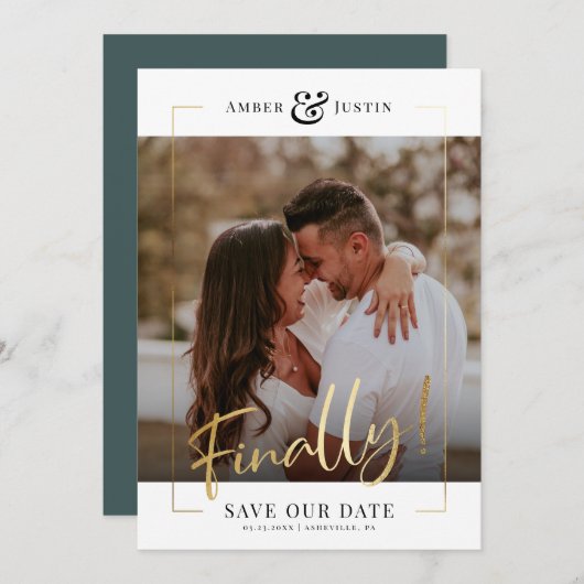 最後に! |モダン金ゴールドスクウェア写真エレガントおもしろいSa セーブザデート (正面/裏面)