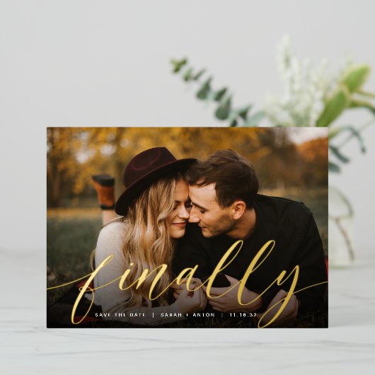 最後に |写真の完全保存日付 箔招待状 (立ち正面)