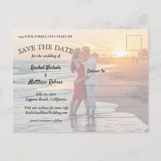 最後のシンプル写真モダン結婚式の日付を保存 案内ポストカード (裏面)