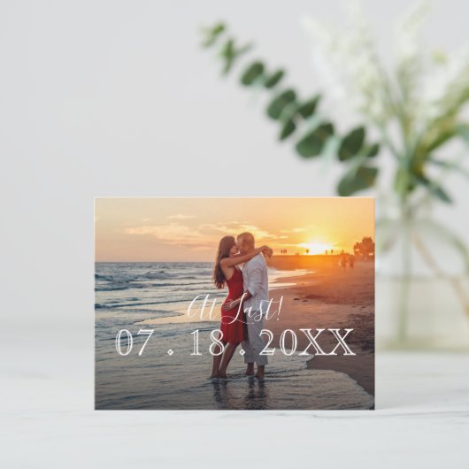 最後のシンプル写真モダン結婚式の日付を保存 案内ポストカード (スタンド正面)