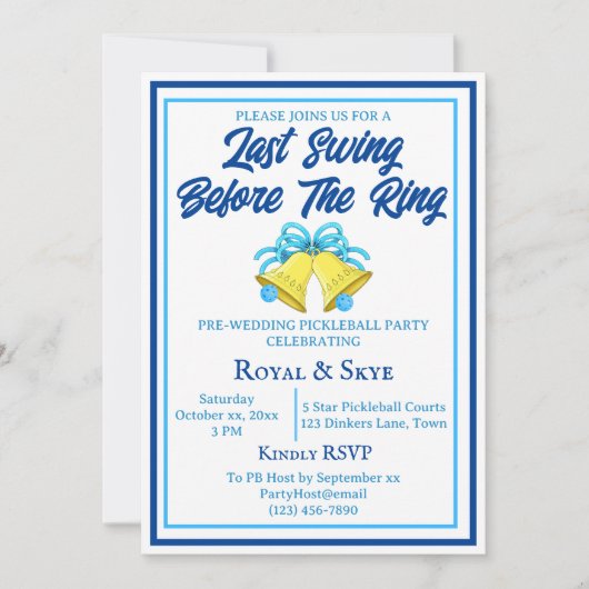 最後のスイングがリングや輪ピックル結婚ボールの青 招待状 (正面)