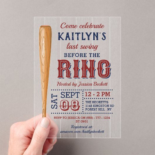 最後のスイングはリングや輪前！野球ブライダルシャワー アクリル招待状 (インサイチュ (ポータブル))