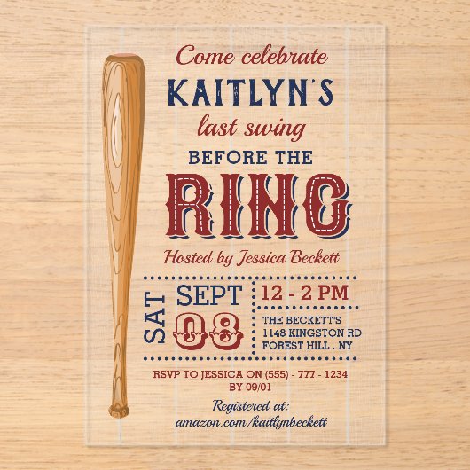 最後のスイングはリングや輪前!野球ブライダルシャワー アクリル招待状 (正面)