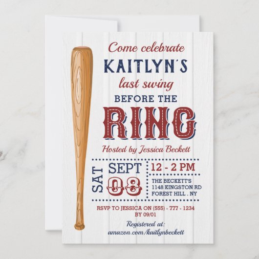 最後のスイングはリングや輪前!野球ブライダルシャワー 招待状 (正面)