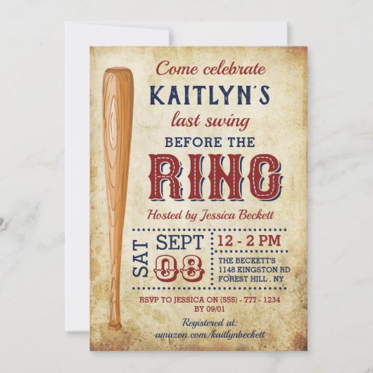 最後のスイングはリングや輪前！野球ブライダルシャワー 招待状 (正面)