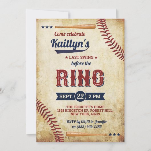 最後のスイングはリングや輪前！野球ブライダルシャワー 招待状 (正面)