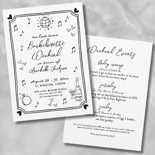 最後のディスコ手書きバチェロレッテ 招待状