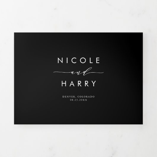 最後のミニマリストの白黒のスクリプ結婚ト 三つ折り招待状 (カバー)
