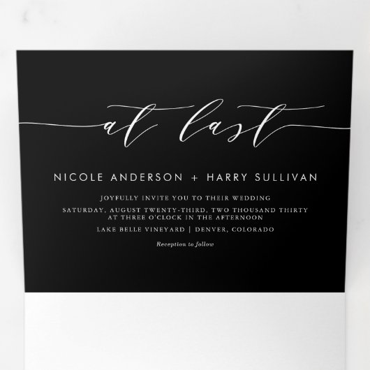 最後のミニマリストの白黒のスクリプ結婚ト 三つ折り招待状 (内部最初)