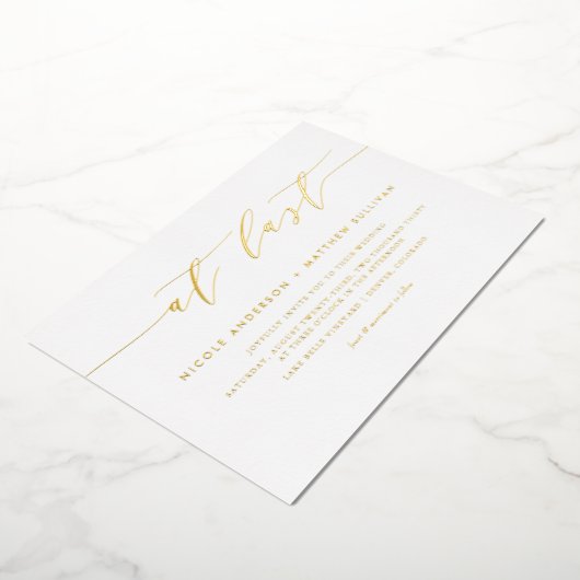 最後のミニマル結婚リストスクリプト 箔招待状 (回転した状態)