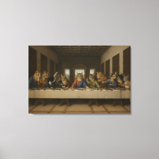 最後の晩餐の猫パロディ ルネサンスアート キャンバスプリント (正面)