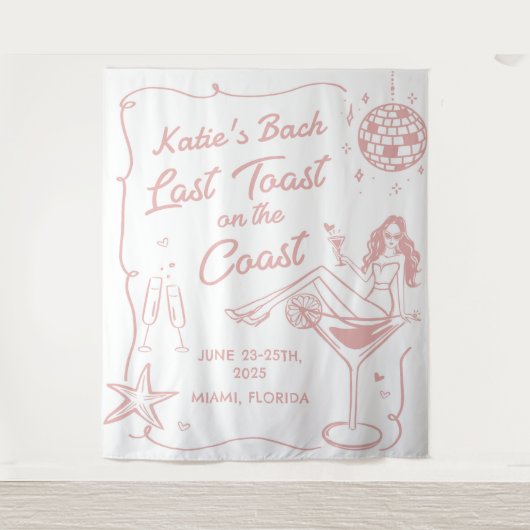 最後の沿岸の浜辺のピンクの独身最後の祝い タペストリー (正面)