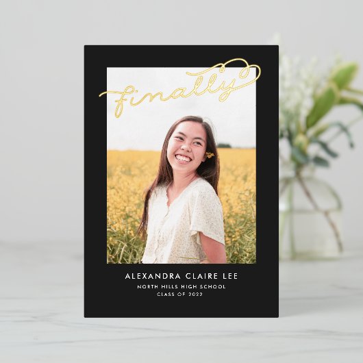 最後の金箔が黒の卒業表明 箔招待状 (立ち正面)