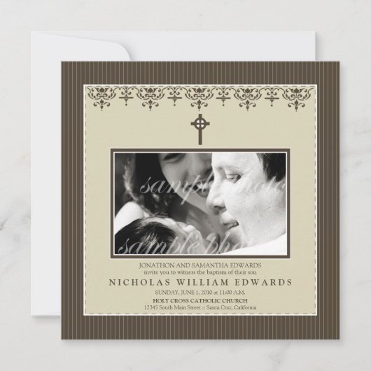 最愛のビクトリアンなセピア色の洗礼の招待状 招待状 (正面)