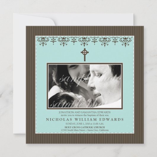 最愛のビクトリアンな水の青い洗礼の招待状 招待状 (正面)