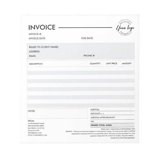 最新のカスタム小規模ビジネス請求書 販売領収書 ノートパッド (正面)