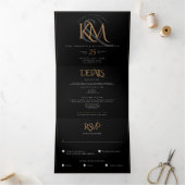 最新の黒い金ゴールド・結婚モノグラムを一つに 三つ折り招待状 (内部)