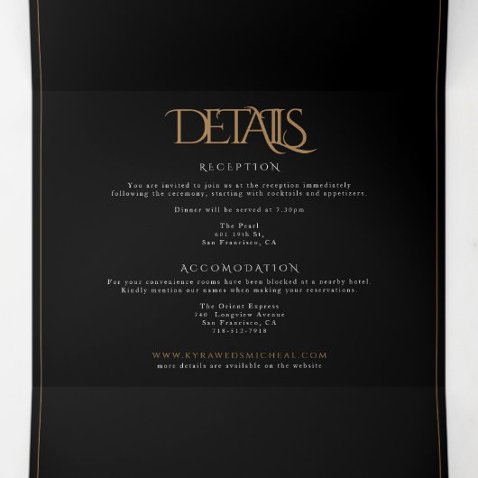 最新の黒い金ゴールド・結婚モノグラムを一つに 三つ折り招待状 (内部中)