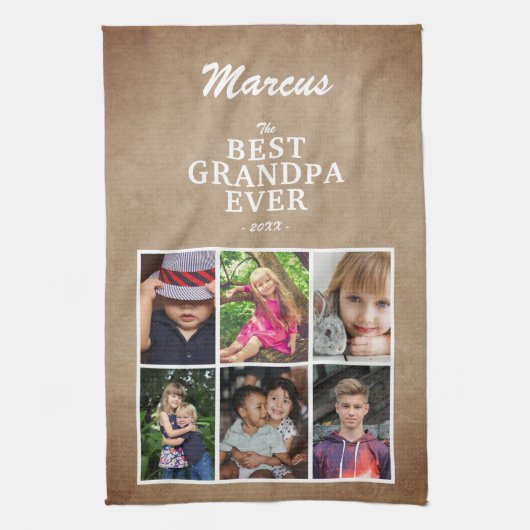 最高のおじいちゃん家族Keepsake 6 Photo Collage キッチンタオル (縦)