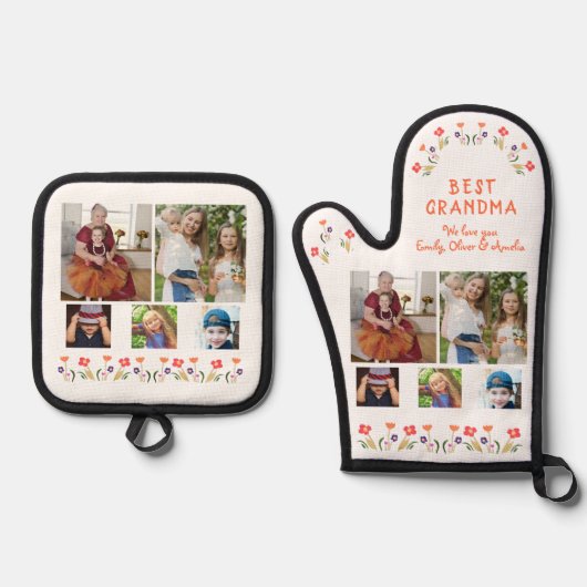 最高のおばあちゃん花5 Photo Collage Keepsake 鍋つかみ&鍋敷きセット (正面)