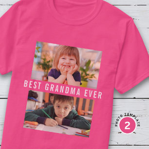 最高のおばあちゃん グランドキッズ 2枚の写真コラージュ ピンク Tシャツ