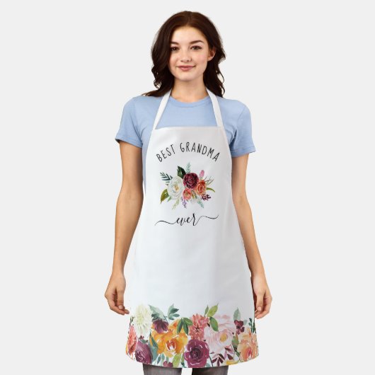 最高のおばあちゃん |トレンディーブルゴーニュ・ボホフローラ エプロン (着用した状態)