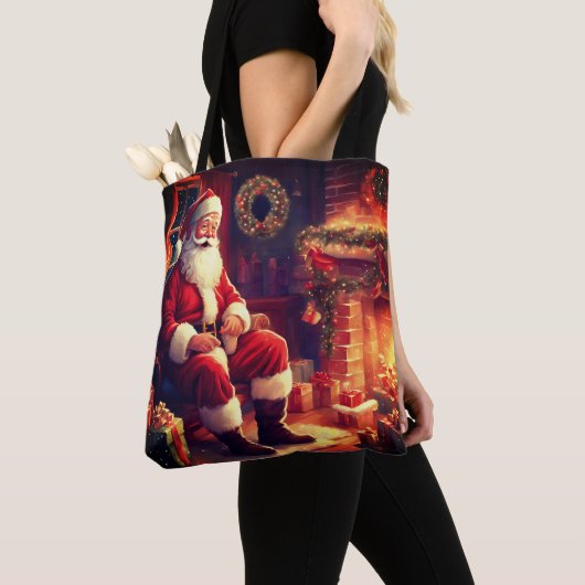 最高のおばあちゃん | 暖炉のそばのサンタ | レッド トートバッグ (クローズアップ)