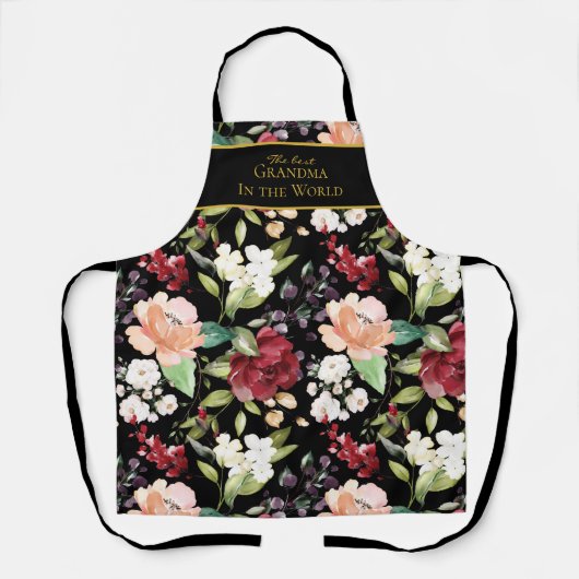 最高のおばあちゃん |黒エレガントフローラ エプロン (正面)