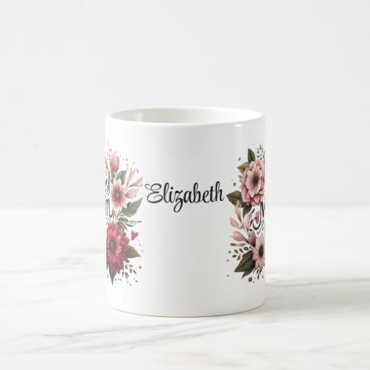 最高のお母さんピンクと赤フローラパーソナライズされた コーヒーマグカップ (中央)