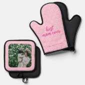 最高のお母さん今までにかわいいピンクのハートパターン写真トレンディー 鍋つかみ&鍋敷きセット (正面/裏面)
