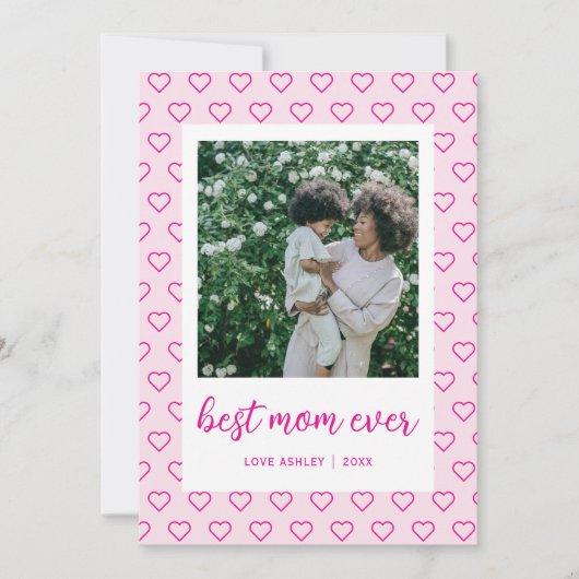 最高のお母さん可愛いピンクのハート写真母の日 カード (正面)