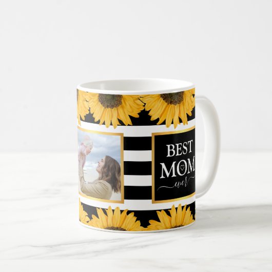 最高のお母さん家族フォトサンフラワーブラックストライプ コーヒーマグカップ (正面右)