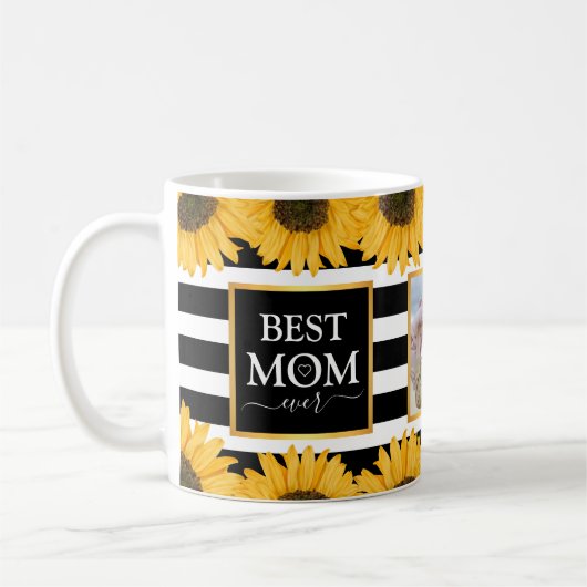 最高のお母さん家族フォトサンフラワーブラックストライプ コーヒーマグカップ (左)