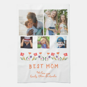 最高のお母さん花5 Photo Collage Keepsake キッチンタオル