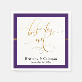 最高のエレガントデイエバー深いパープル&金ゴールドストライプ スタンダードカクテルナプキン