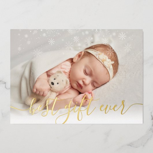最高のギフトEver 4写真クリスマスベビー誕生金ゴールド 箔シーズンカード (正面)