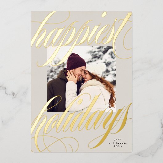 最高のクリスマスの書道1枚の写真ベージュ 箔シーズンカード (正面)