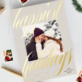 最高のクリスマスの書道1枚の写真ベージュ 箔シーズンカード