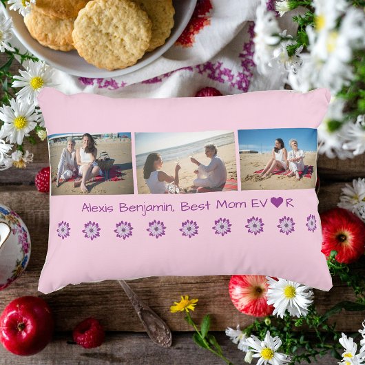 最高のハート付き。名前+ 3枚のフォトコラージュ アクセントクッション