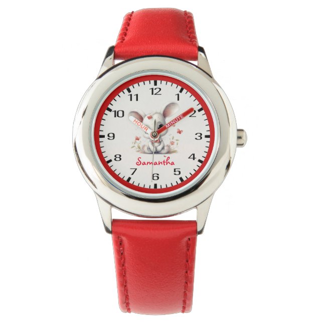 最高のバニー！赤い蝶と花 腕時計 (正面)