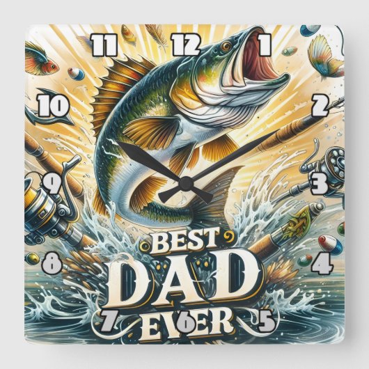 最高のパパの実行:魚釣りアクションのスプラッシュ スクエア壁時計 (正面)