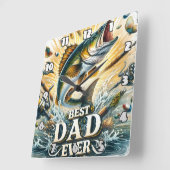 最高のパパの実行:魚釣りアクションのスプラッシュ スクエア壁時計 (傾斜)