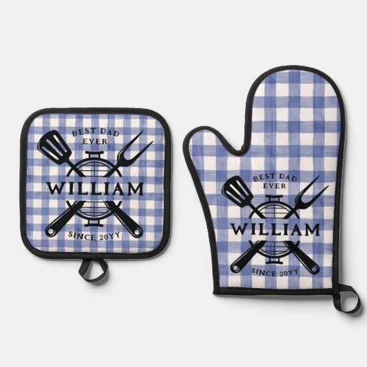 最高のパパエバーファーズデイBBQグリルブルーギンガム 鍋つかみ&鍋敷きセット (正面)